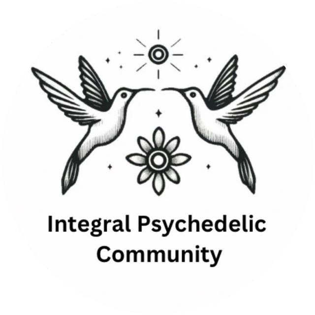 Integral Psychedelic Community logo: two hummingbirds beneath a sun, above a flower